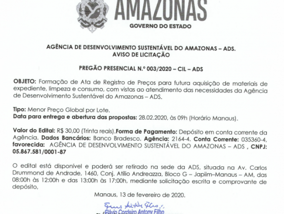 Aviso De Licitação Pregão Presencial Nº 0032020 Cil Ads Ads Ads 3500